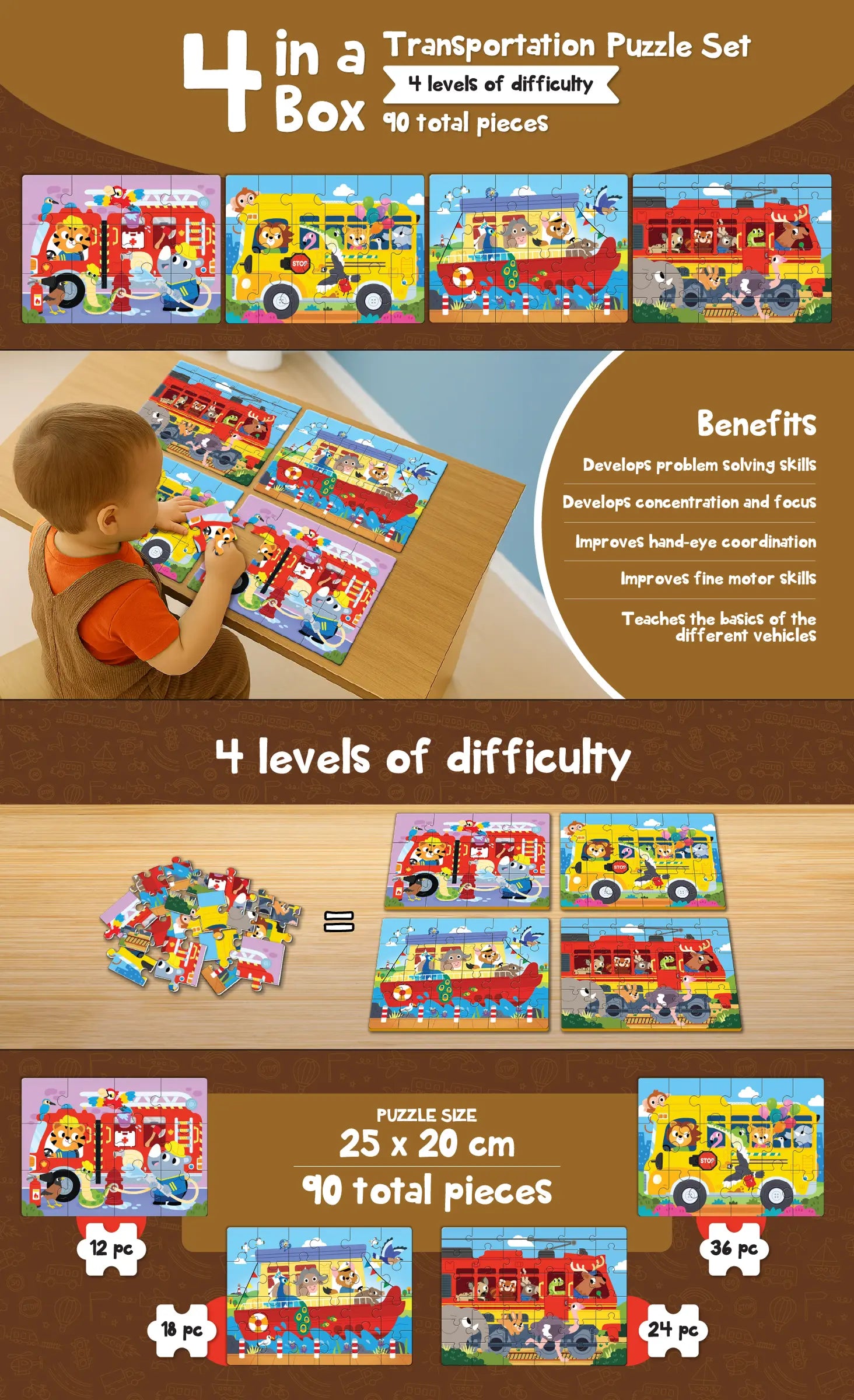 4 in a Box Vehicles Puzzle for Kids | Educational Puzzle with 90 Pieces - Image 1