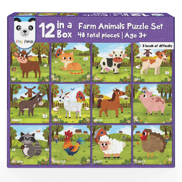 12 in 1 Farm Animals Puzzle Set | Preschool Educational Activity for Kids