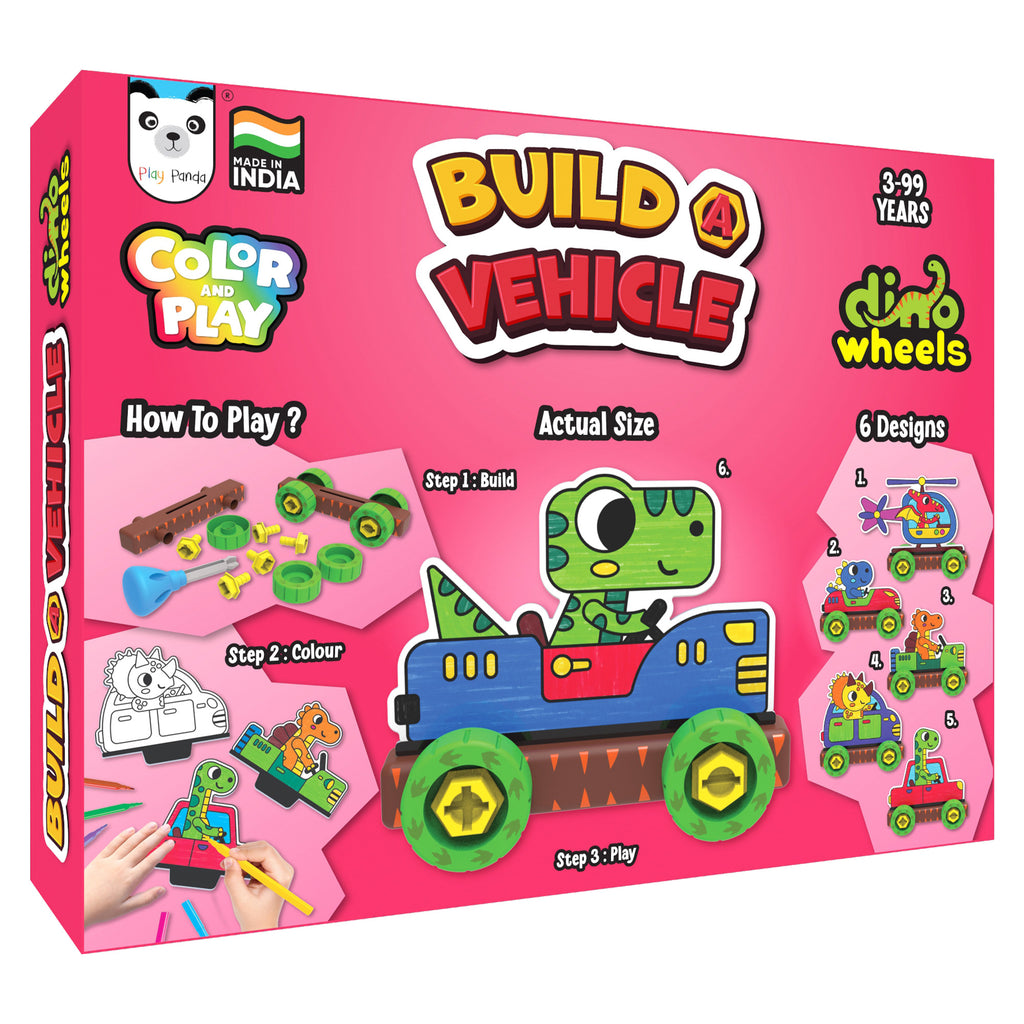 Build A Vehicle Colour & Play Dino Wheels | Includes 21 Plastic Parts, 12 Sketch Pens & 6 Vehicle Designs