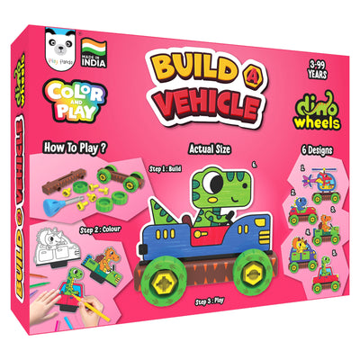 Build A Vehicle Colour & Play Dino Wheels | Includes 21 Plastic Parts, 12 Sketch Pens & 6 Vehicle Designs