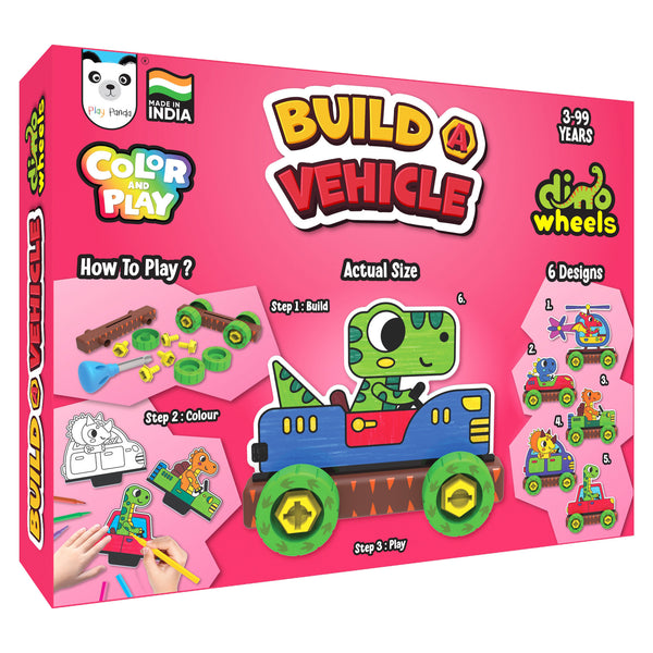 Build A Vehicle Colour & Play Dino Wheels | Includes 21 Plastic Parts, 12 Sketch Pens & 6 Vehicle Designs