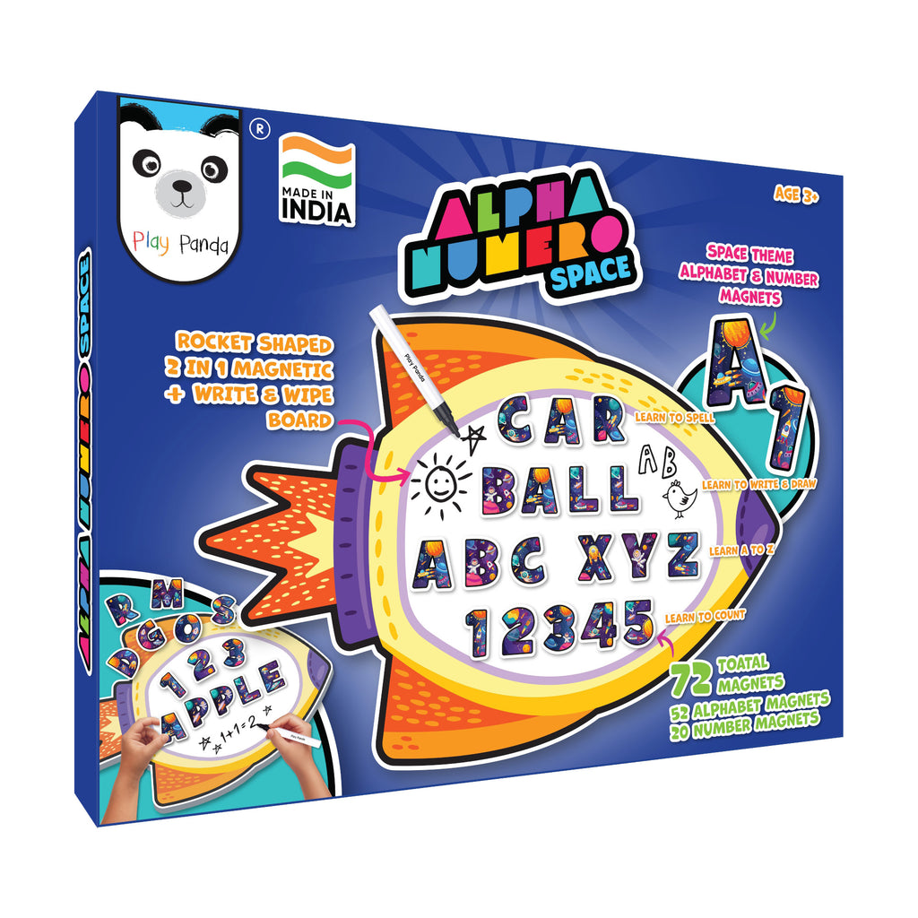 Alpha Numero Magnetic Board Space | Rocket Shaped Magnetic + Write & Wipe Board with 72 Alphabet & Number Magnets