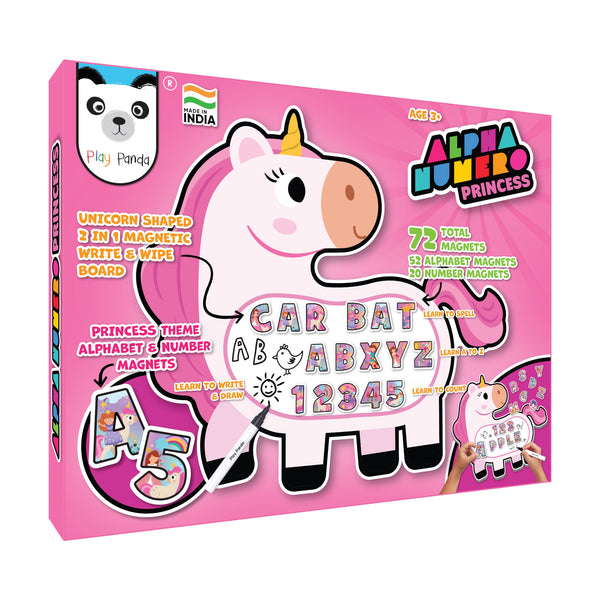 Alpha Numero Magnetic Board Princess | Unicorn Shaped Magnetic + Write & Wipe Board with 72 Alphabet & Number Magnets