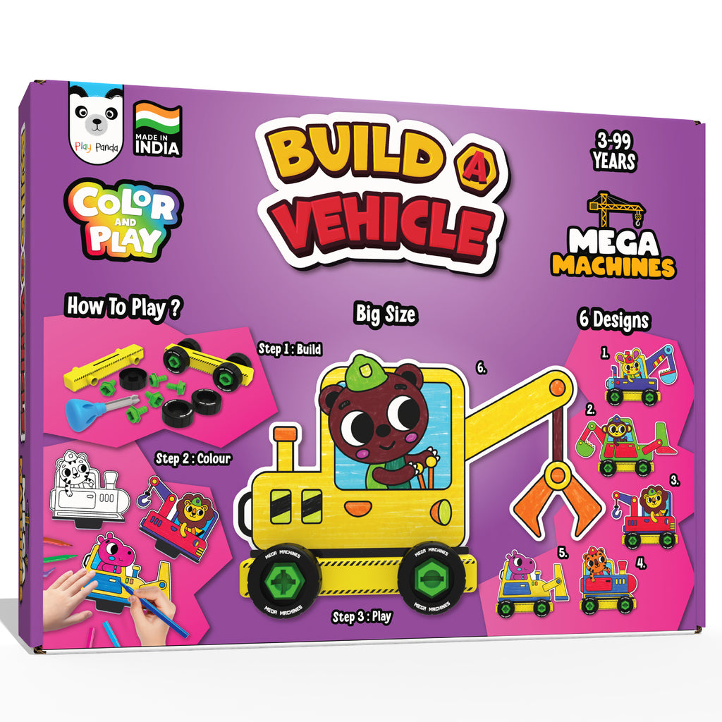 Build A Vehicle Colour & Play Mega Machines | Includes 21 Plastic Parts, 12 Sketch Pens & 6 Vehicle Designs