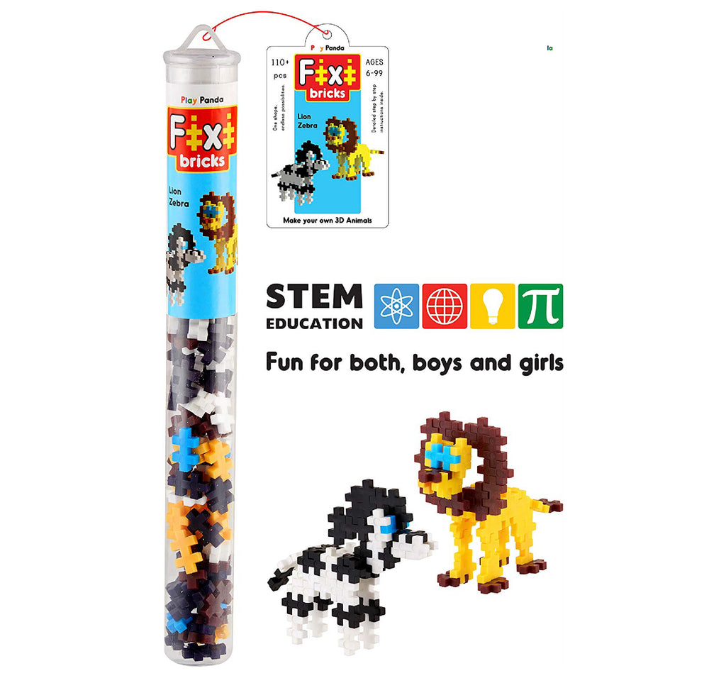 Fixi Bricks Jungle Tube 2 Lion & Zebra | 110 Fixi Bricks Instruction Manual Storage Tube