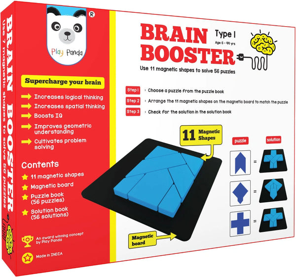 Play Panda Brain Booster Big Type 1 - 56 puzzles designed to boost intelligence - with Magnetic shapes, Magnetic Board, Puzzle Book and Solution Book