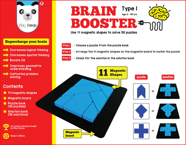 Play Panda Brain Booster Big Type 1 - 56 puzzles designed to boost intelligence - with Magnetic shapes, Magnetic Board, Puzzle Book and Solution Book
