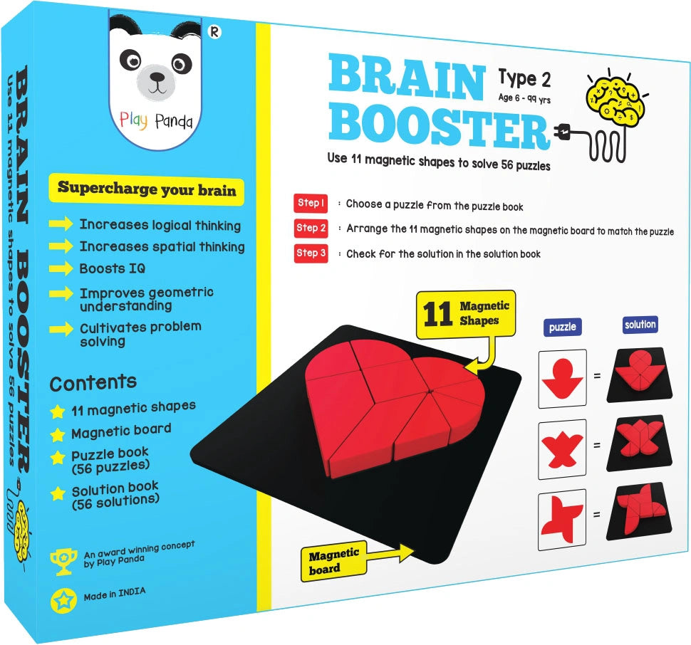 Play Panda Brain Booster Big Type 2 - 56 puzzles designed to boost intelligence - with Magnetic Shapes, Magnetic Board, Puzzle Book and Solution Book