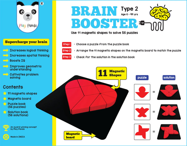 Play Panda Brain Booster Big Type 2 - 56 puzzles designed to boost intelligence - with Magnetic Shapes, Magnetic Board, Puzzle Book and Solution Book