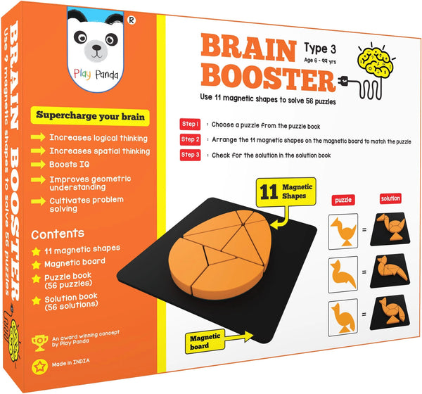 Play Panda Brain Booster Big Type 3 - 56 puzzles designed to boost intelligence - with Magnetic Shapes, Magnetic Board, Puzzle Book and Solution Book