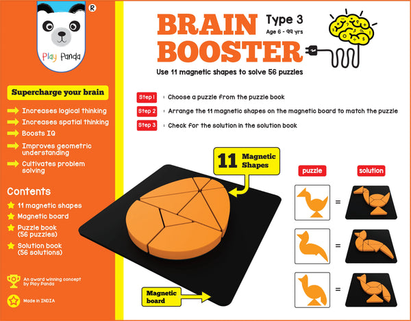 Play Panda Brain Booster Big Type 3 - 56 puzzles designed to boost intelligence - with Magnetic Shapes, Magnetic Board, Puzzle Book and Solution Book