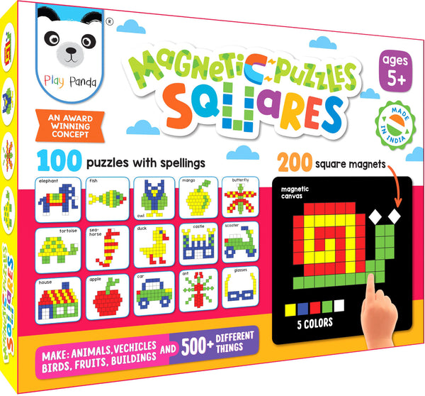 Play Panda Magnetic Puzzles Small Squares with 200 Colorful Magnets, 100 Puzzle Book, Magnetic Board and Display Stand
