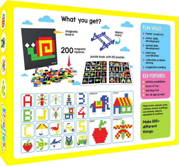 Play Panda Magnetic Puzzles Small Squares with 200 Colorful Magnets, 100 Puzzle Book, Magnetic Board and Display Stand