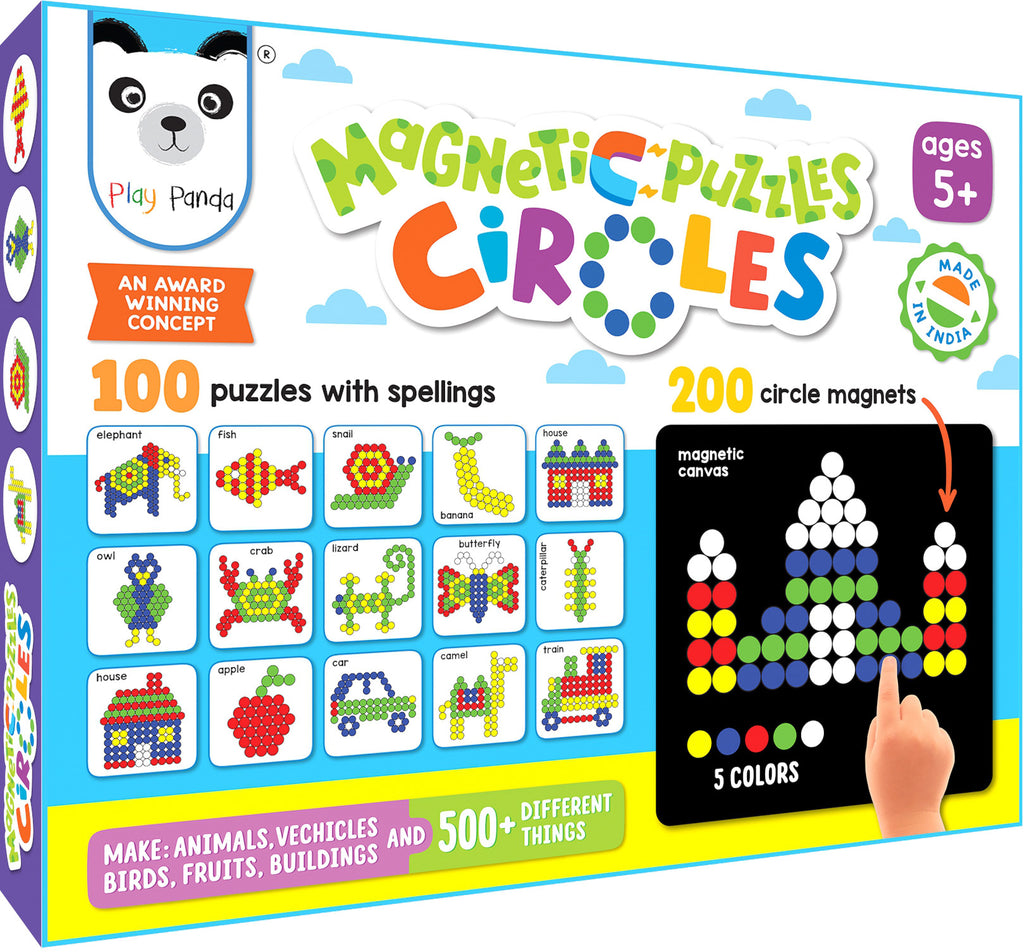 Play pandaMagnetic Puzzles Small Circles with 200 Colorful Magnets, 100 Puzzle Book, Magnetic Board and Display Stand