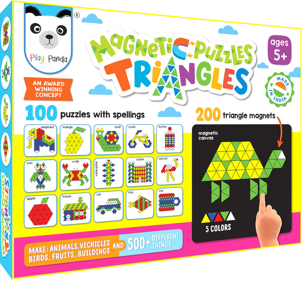 Play Panda Magnetic Puzzles Small Triangles with 200 Colorful Magnets, 100 puzzle Book, Magnetic Board and Display Stand