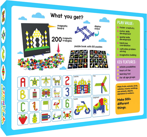 Play Panda Magnetic Puzzles Small Triangles with 200 Colorful Magnets, 100 puzzle Book, Magnetic Board and Display Stand