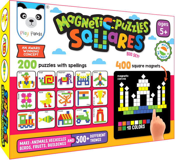 Play Panda Magnetic Puzzles Big Squares with 400 Colorful Magnets, 200 Puzzle Book, Magnetic Board and Display Stand
