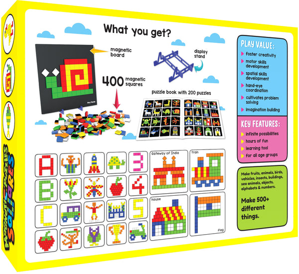 Play Panda Magnetic Puzzles Big Squares with 400 Colorful Magnets, 200 Puzzle Book, Magnetic Board and Display Stand