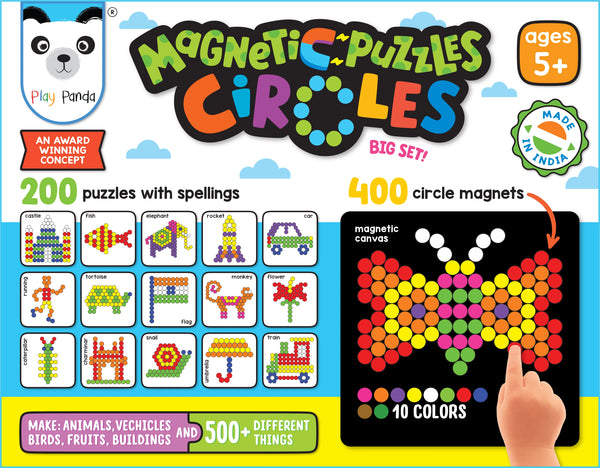 Play Panda Magnetic Puzzles Big Circles with 400 Magnets, 200 Puzzles, Magnetic Board and Display Stand