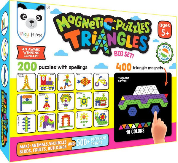 Play Panda Magnetic Puzzles Big Triangles with 400 Magnets, 200 puzzles, Magnetic Board and Display Stand