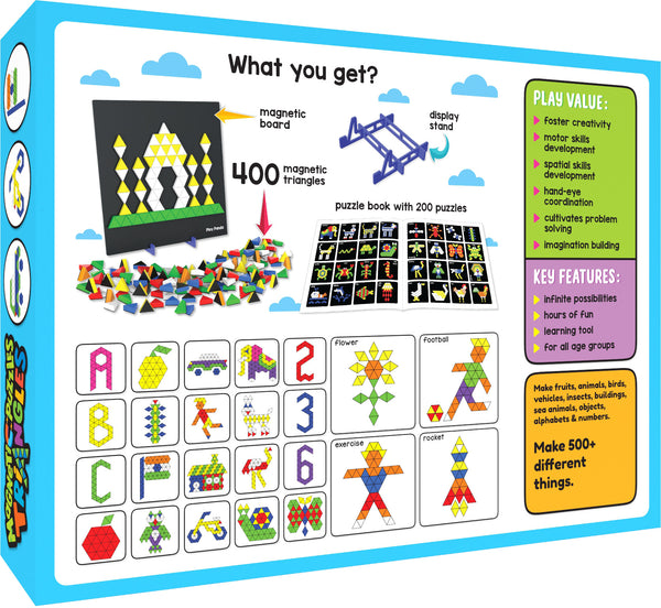 Play Panda Magnetic Puzzles Big Triangles with 400 Magnets, 200 puzzles, Magnetic Board and Display Stand