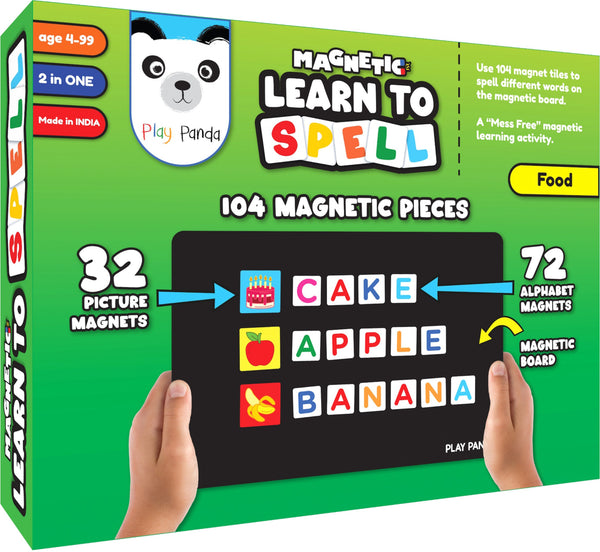 Play Panda Magnetic Learn to Spell Food with 104 Magnetic Tiles, Magnetic Board and Spelling Guide