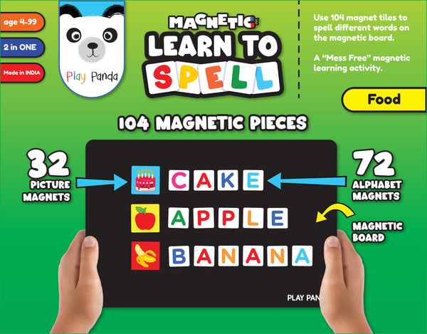 Play Panda Magnetic Learn to Spell Food with 104 Magnetic Tiles, Magnetic Board and Spelling Guide