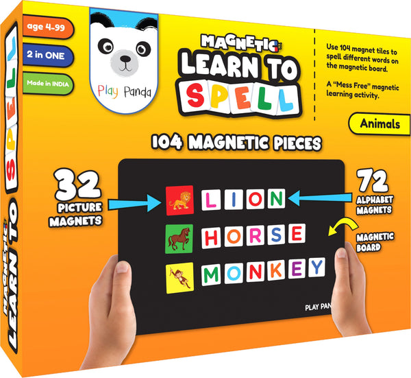 Play Panda Magnetic Learn to Spell Animals with 104 magnetic Tiles, Magnetic Board and Spelling Guide