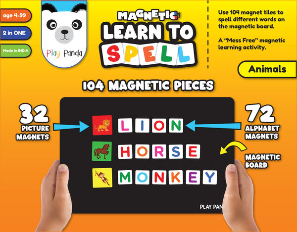 Play Panda Magnetic Learn to Spell Animals with 104 magnetic Tiles, Magnetic Board and Spelling Guide