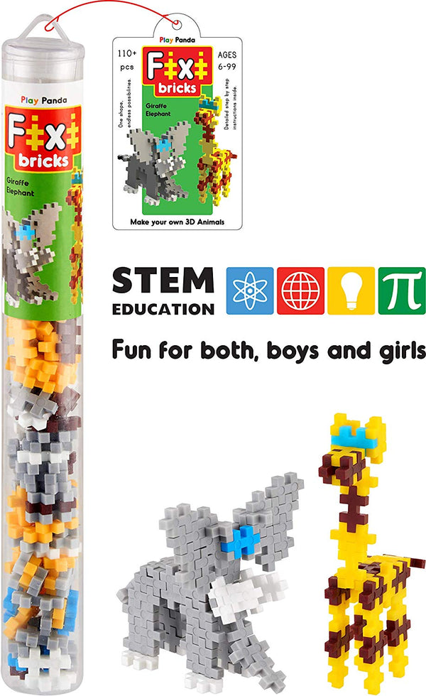Fixi Bricks Jungle Tube 1 Elephant & Giraffe - 110 Fixi Bricks Instruction Manual Storage Tube