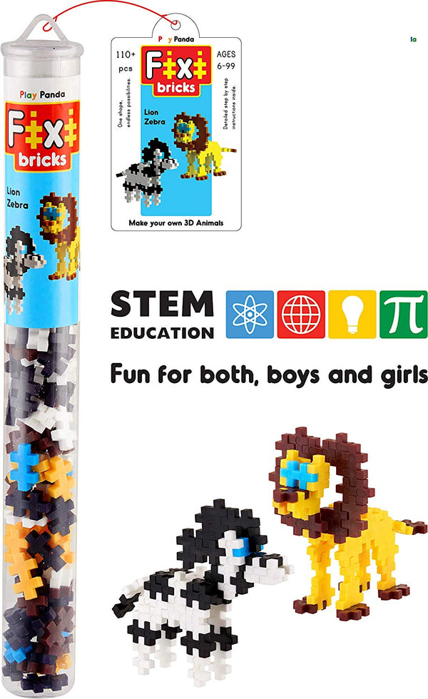Fixi Bricks Jungle Tube 2 Lion & Zebra - 110 Fixi Bricks Instruction Manual Storage Tube