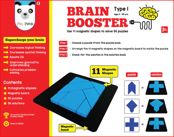 Play PandaBrain Booster Small Type 1 - 56 puzzles designed to boost intelligence - with Magnetic Shapes, Magnetic Board, Puzzle Book and Solution Book