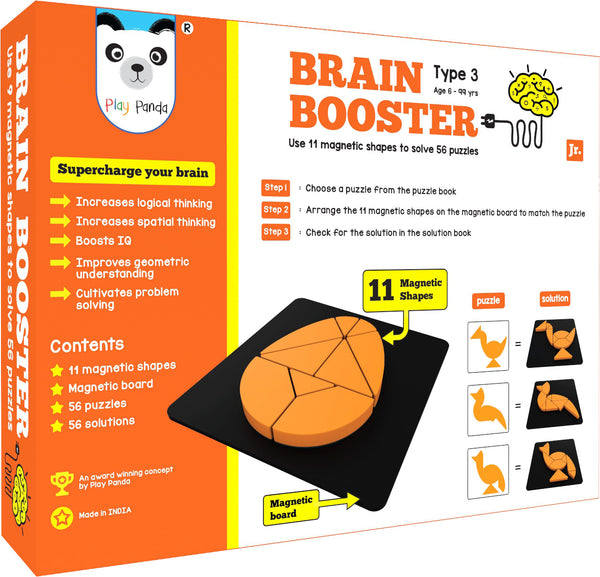 Play Panda Brain Booster Small Type 3 - 56 puzzles designed to boost intelligence - with Magnetic Shapes, Magnetic Board, Puzzle Book and Solution Book
