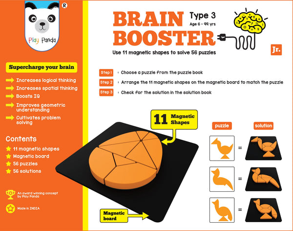 Play Panda Brain Booster Small Type 3 - 56 puzzles designed to boost intelligence - with Magnetic Shapes, Magnetic Board, Puzzle Book and Solution Book