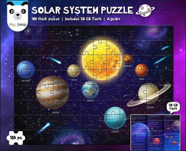 Play Panda Solar System Outer Space Puzzle 108 Pieces - Educational Puzzle with 50 GK Facts - Learn About Planets