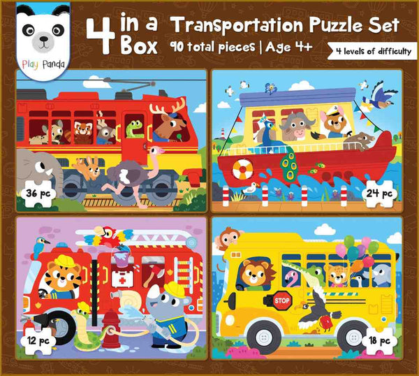 Play Panda - 4 in a Box Vehicles Puzzle for Kids - Educational Puzzle for Boys & Girls - 4 Puzzles with Level Up Concept for Greater Skill Building - 90 Total Pieces