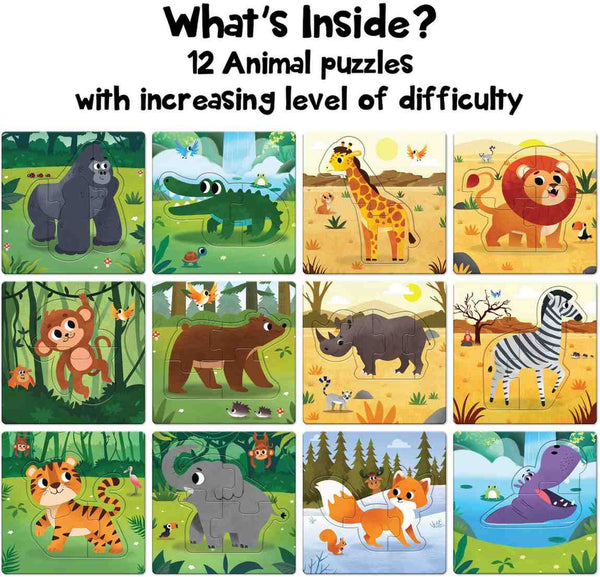 Play Panda 12 in 1 Animal Puzzles for Kids - Ages 1 to 5 - Preschool Educational Activity for Kids – 2, 3, 4 Piece Puzzles with Increasing Level of Difficulty for Greater Skill Building