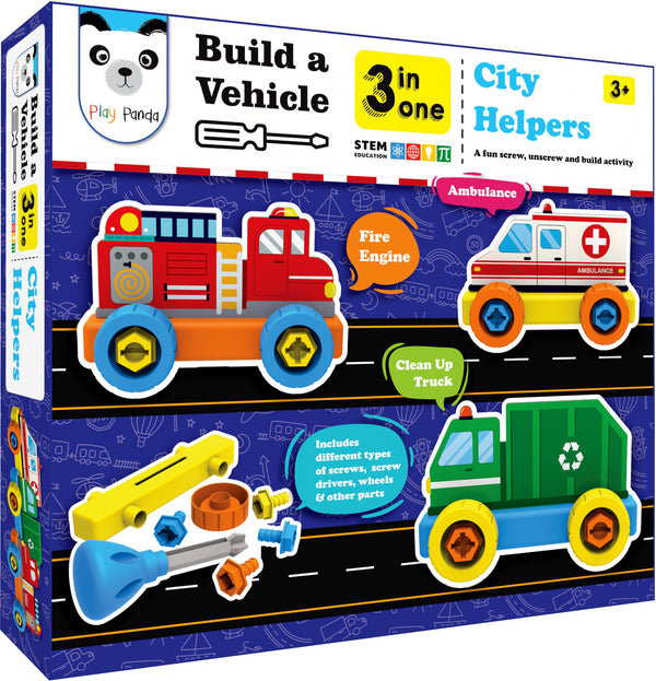 Build A Vehicle City Helpers - 3 in 1 - A fun screw & unscrew activity for kids - Make 3 different vehicles