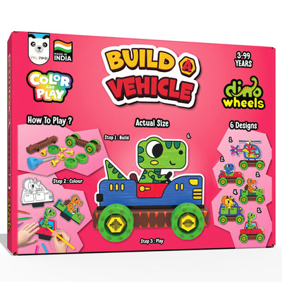 Build A Vehicle Colour & Play Dino Wheels | Includes 21 Plastic Parts, 12 Sketch Pens & 6 Vehicle Designs