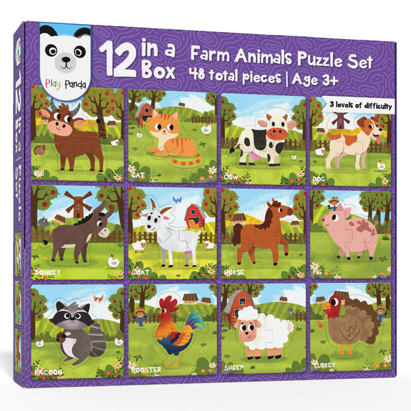 12 in a Box Farm Animals Puzzle Set | Preschool Educational Activity for Kids