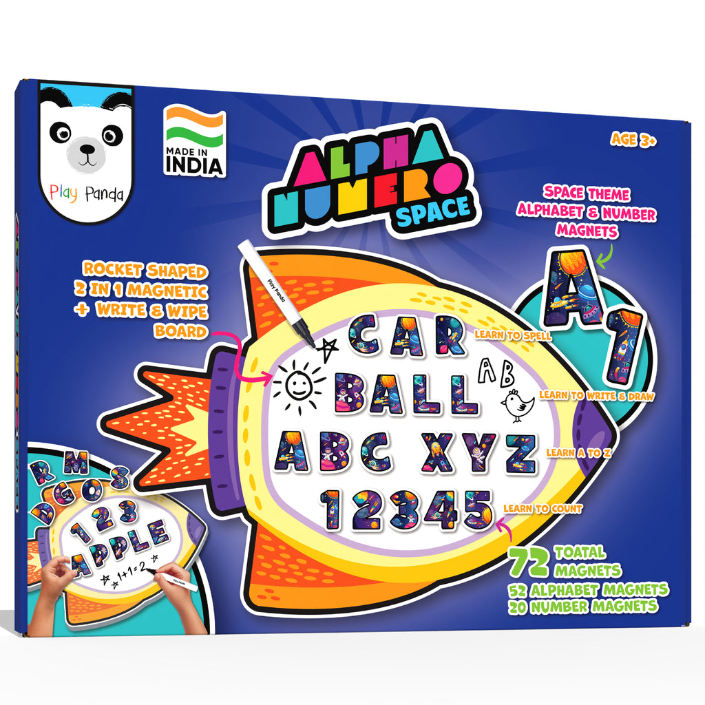 Alpha Numero Magnetic Board Space | Rocket Shaped Magnetic + Write & Wipe Board with 72 Alphabet & Number Magnets