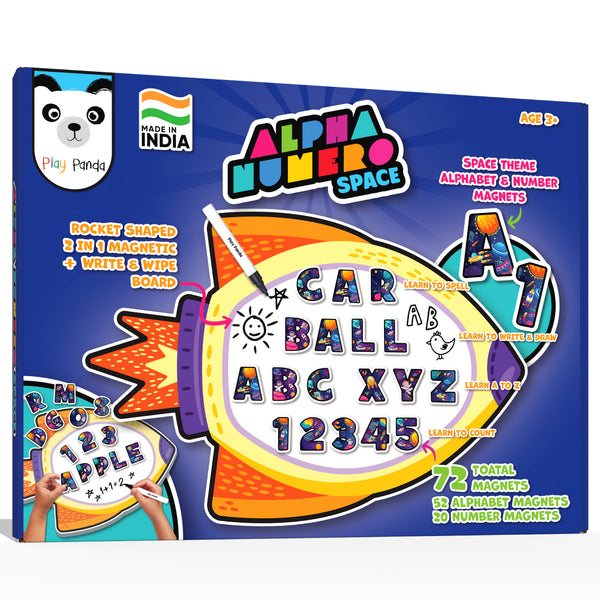 Alpha Numero Magnetic Board Space | Rocket Shaped Magnetic + Write & Wipe Board with 72 Alphabet & Number Magnets