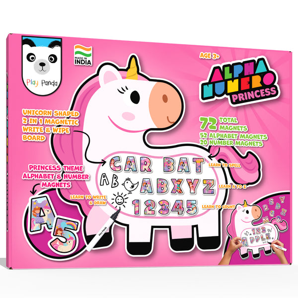 Alpha Numero Magnetic Board Princess | Unicorn Shaped Magnetic + Write & Wipe Board with 72 Alphabet & Number Magnets
